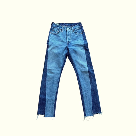 Levi’s 501 Two-Tone Patchwork Jeans W25 L30 High Rise Straight Leg Raw Hem Y2K - Picture 3 of 16